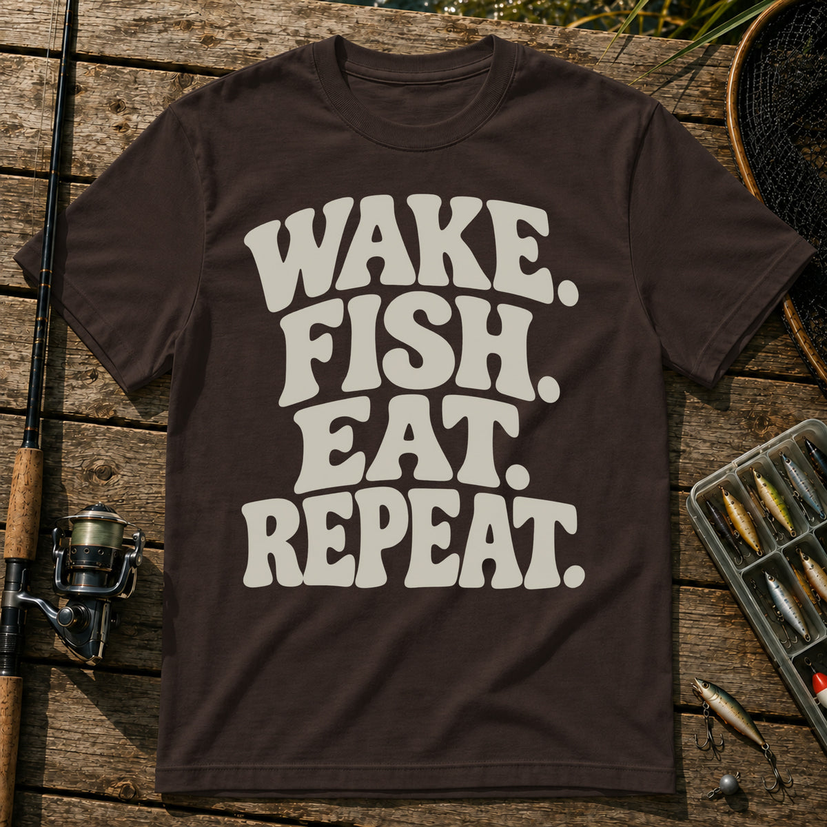 Wake Fish Eat Repeat T-Shirt in Brown