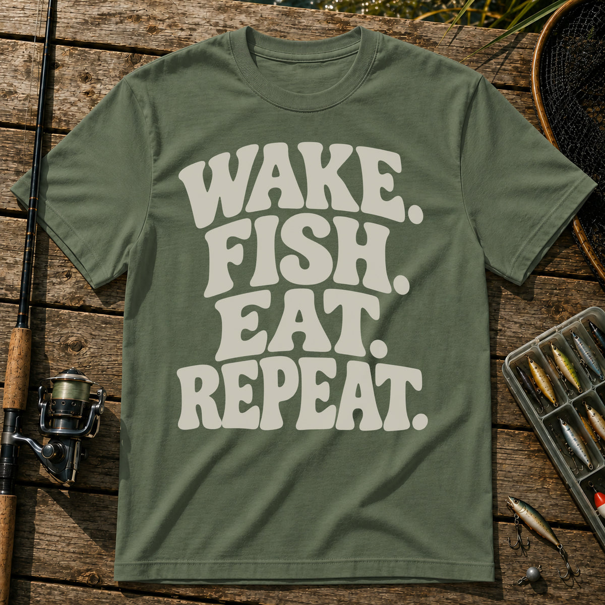 Wake Fish Eat Repeat T-Shirt in Military