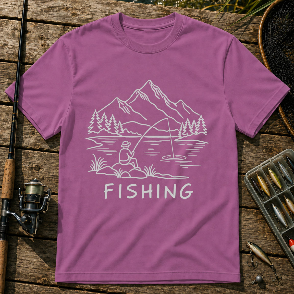 Fishing Landscape T-Shirt in Berry