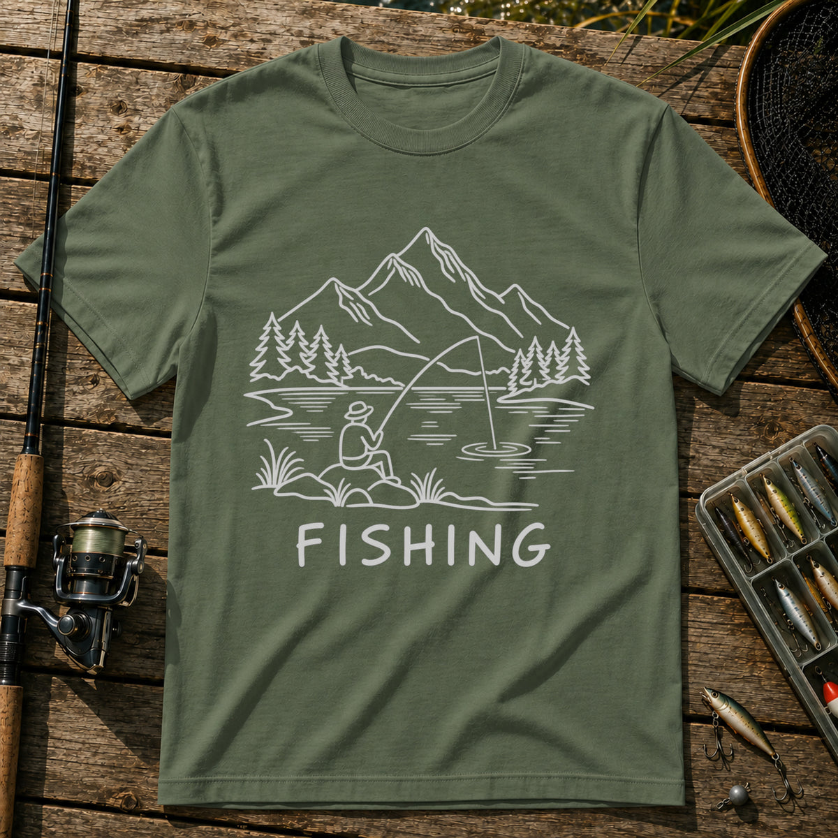 Fishing Landscape T-Shirt in Military