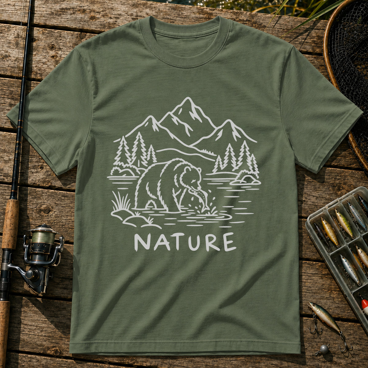 Bear Fishing T-Shirt in Military