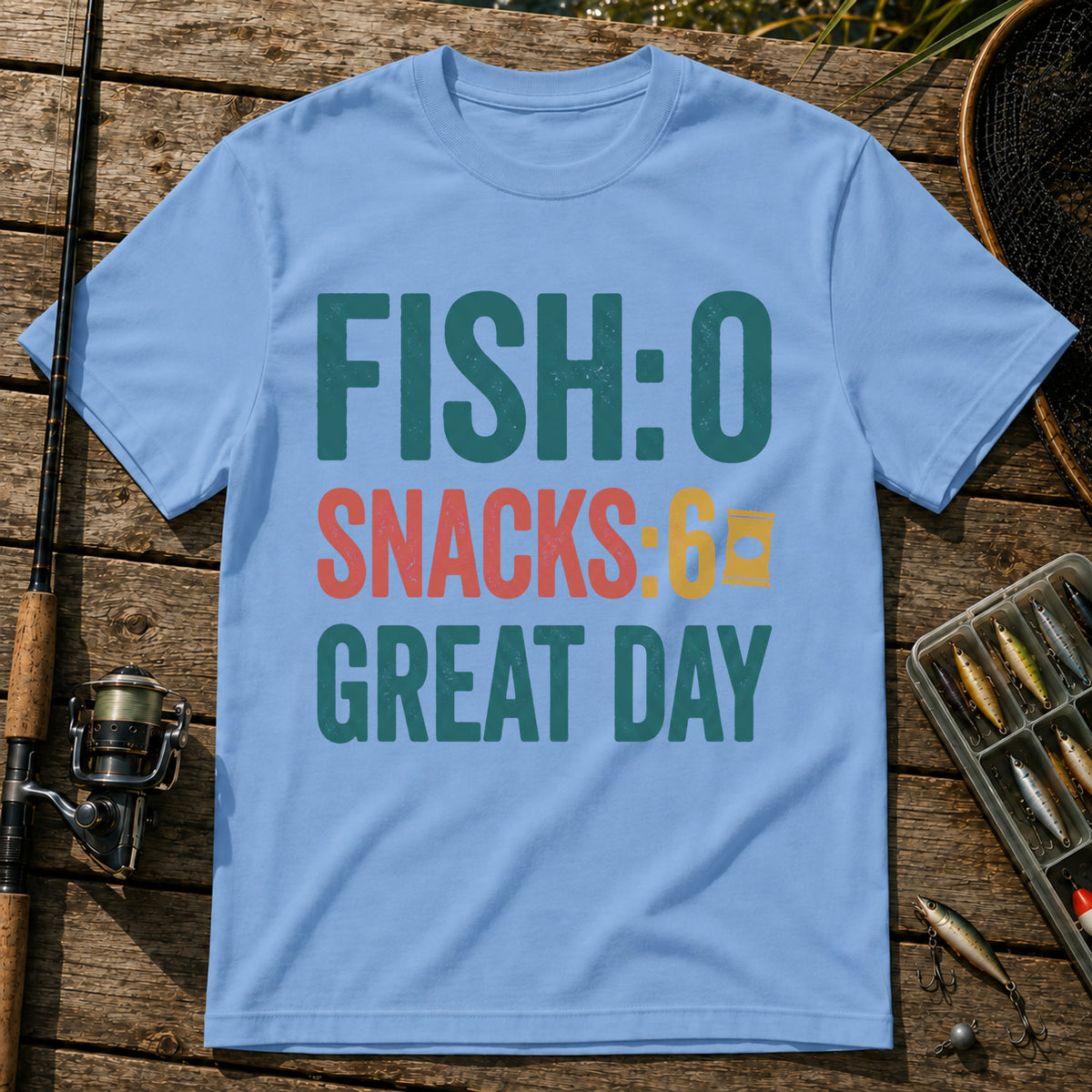 FISH: 0. SNACKS: 6. GREAT DAY T-Shirt in Blue