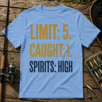 LIMIT: 5. CAUGHT: 1. SPIRITS: HIGH Typography T-Shirt in Blue
