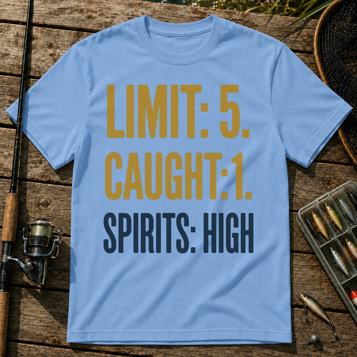 LIMIT: 5. CAUGHT: 1. SPIRITS: HIGH Typography T-Shirt in Blue