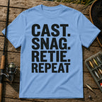 CAST. SNAG. RETIE. REPEAT Typography T-Shirt in Blue