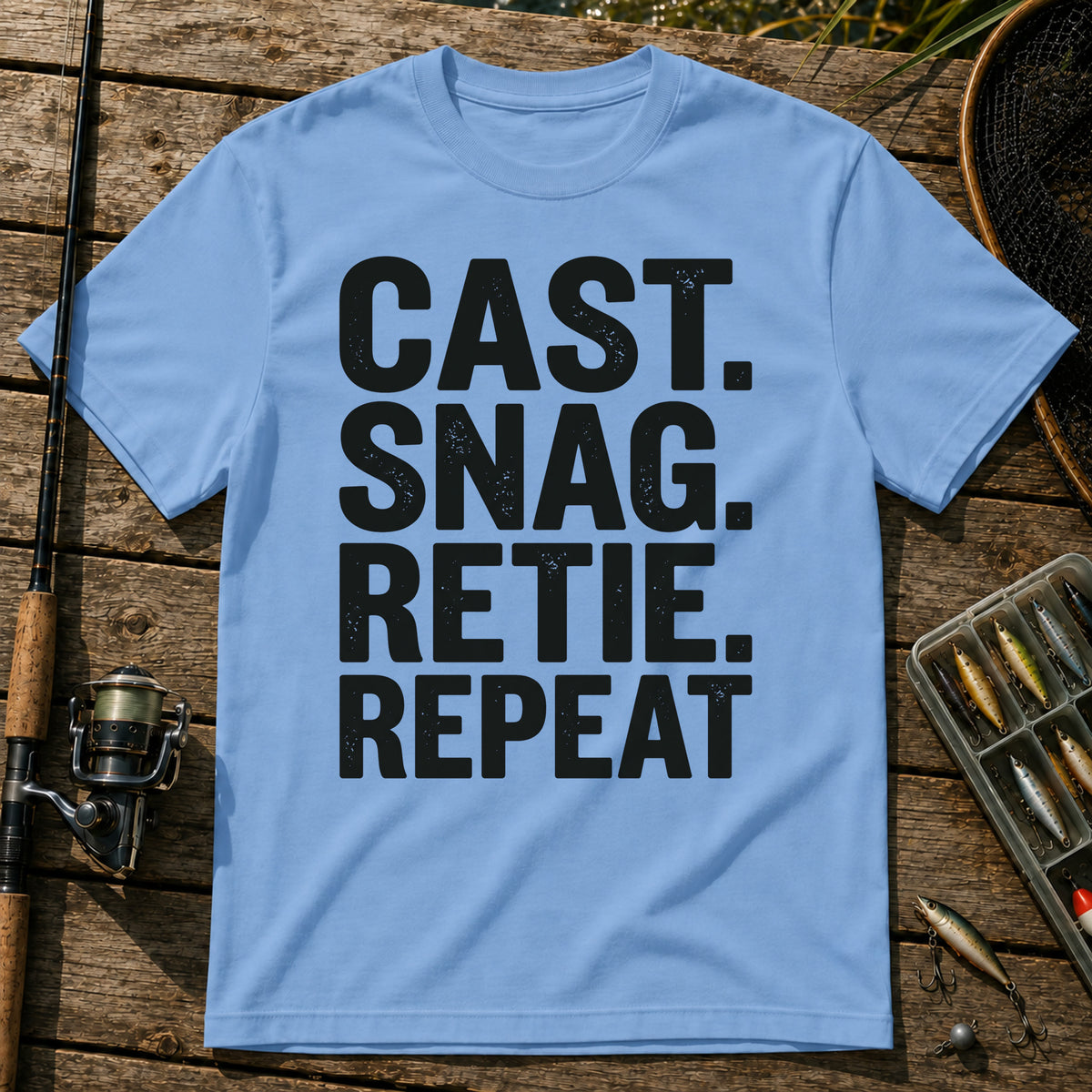 CAST. SNAG. RETIE. REPEAT Typography T-Shirt in Blue