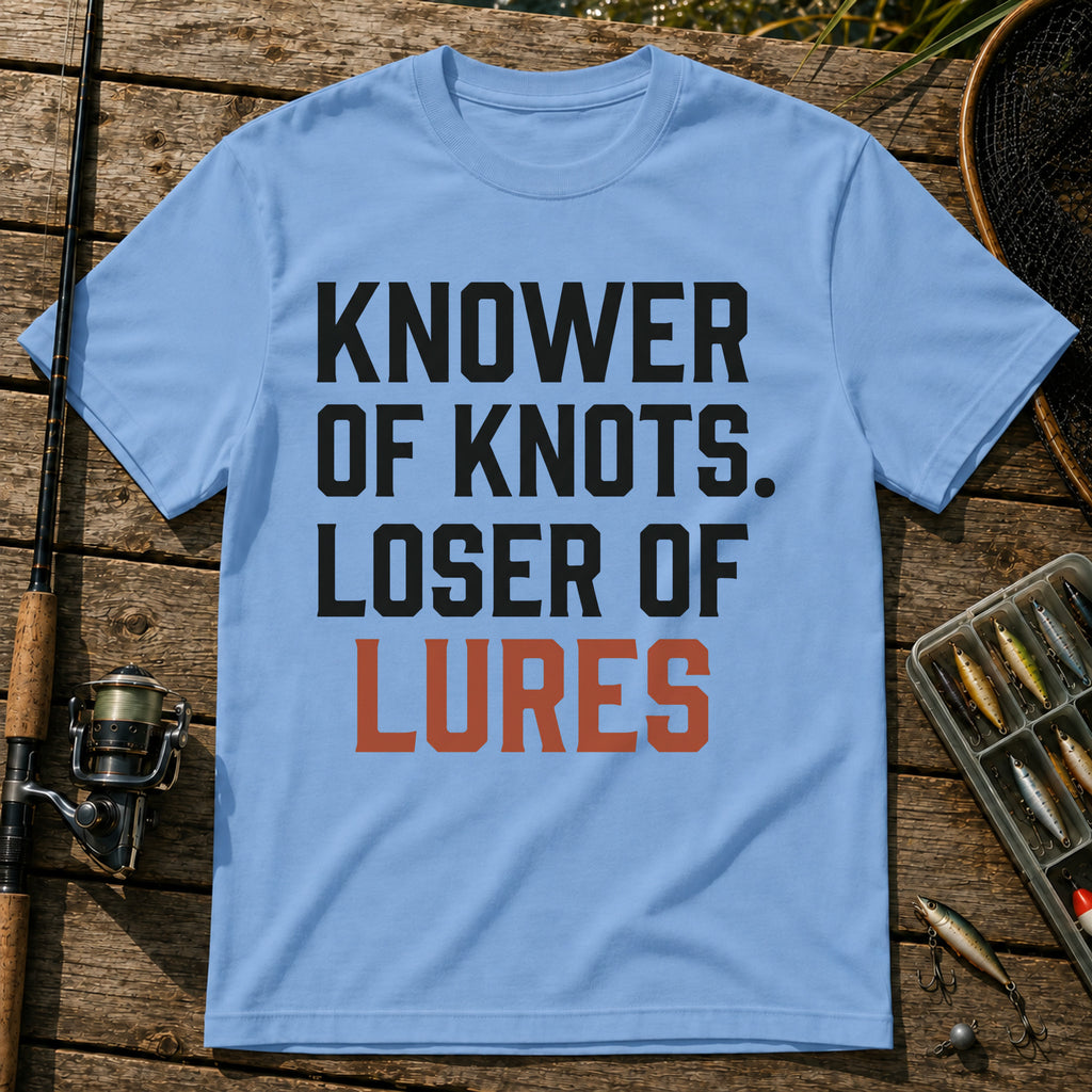 KNOWER OF KNOTS. LOSER OF LURES Typography T-Shirt in Blue