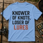 KNOWER OF KNOTS. LOSER OF LURES Typography T-Shirt in Blue