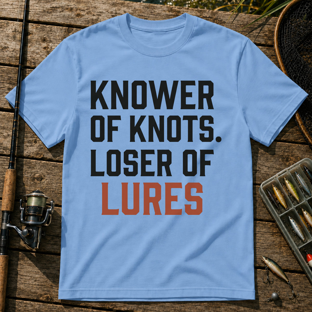 KNOWER OF KNOTS. LOSER OF LURES Typography T-Shirt in Blue