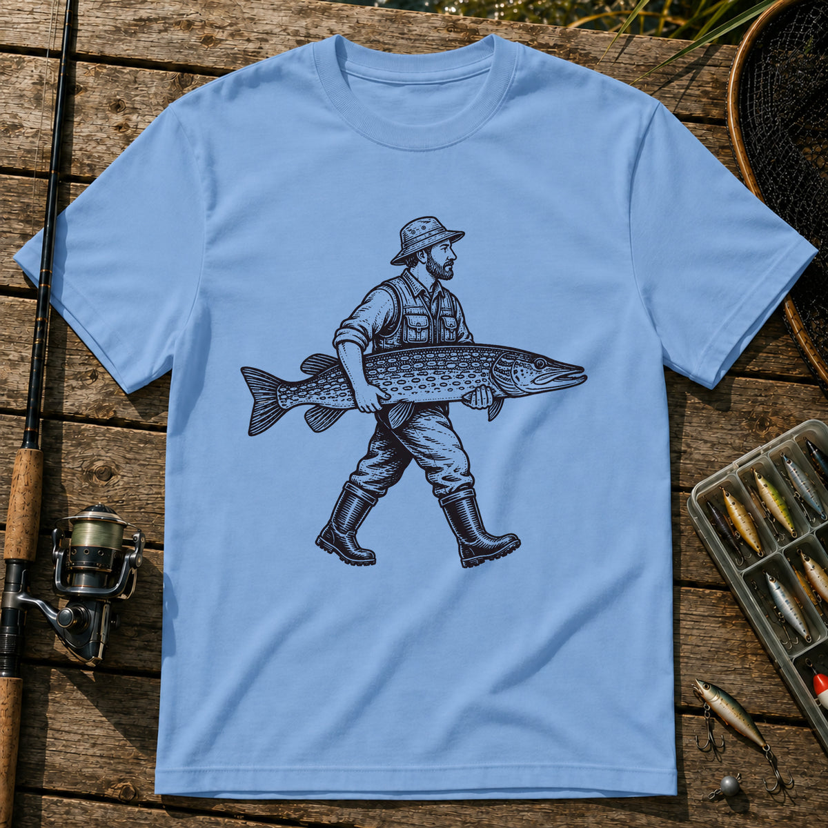 Man With Fish T-Shirt in Blue