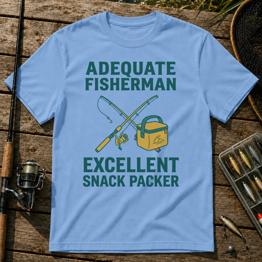 ADEQUATE FISHERMAN. EXCELLENT SNACK PACKER T-Shirt in Blue
