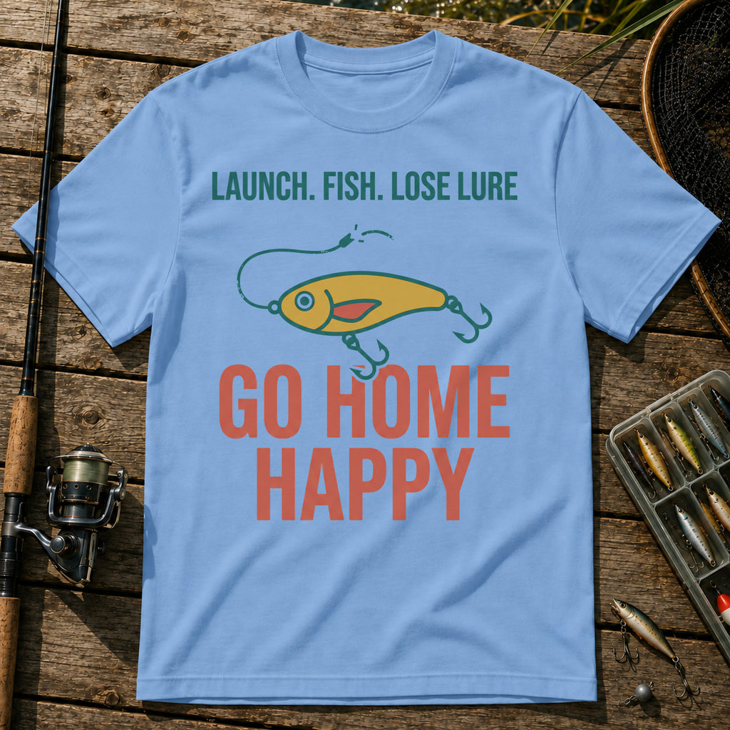 LAUNCH. FISH. LOSE LURE. GO HOME HAPPY T-Shirt in Blue