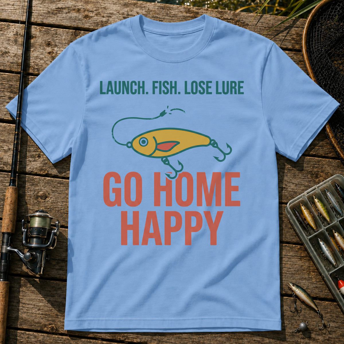 LAUNCH. FISH. LOSE LURE. GO HOME HAPPY T-Shirt in Blue