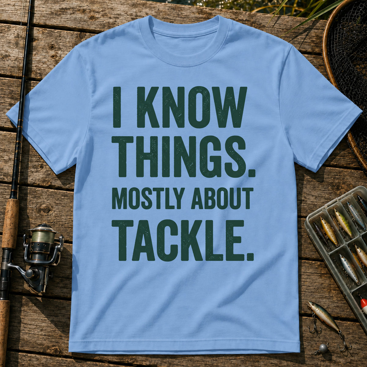 I KNOW THINGS. MOSTLY ABOUT TACKLE. Typography T-Shirt in Blue