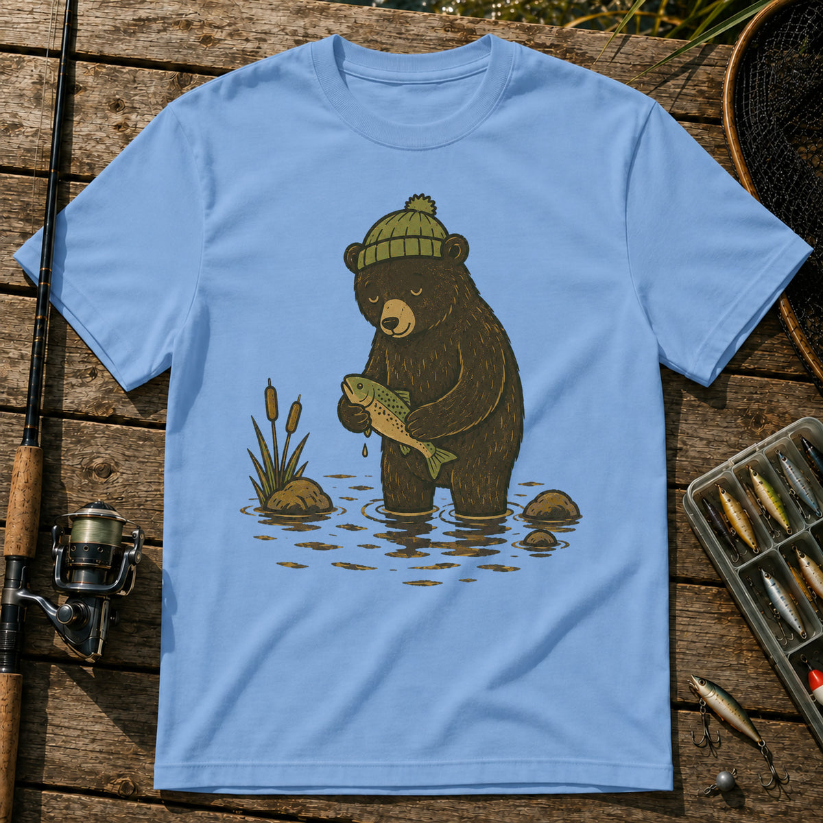 Bear Getting Fish T-Shirt in Blue