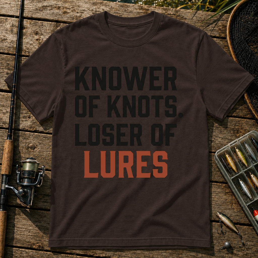 KNOWER OF KNOTS. LOSER OF LURES Typography T-Shirt in Brown