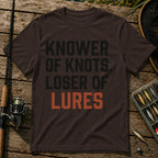 KNOWER OF KNOTS. LOSER OF LURES Typography T-Shirt in Brown