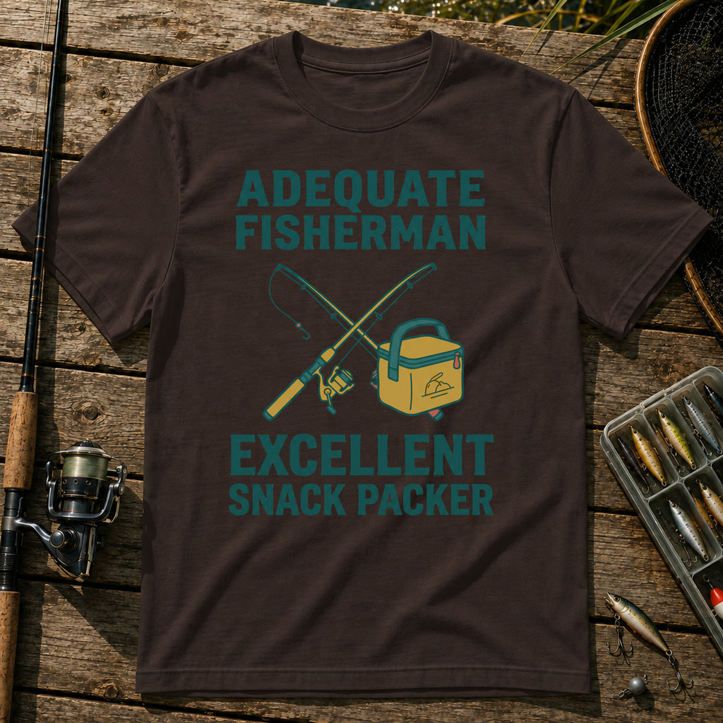 ADEQUATE FISHERMAN. EXCELLENT SNACK PACKER T-Shirt in Brown