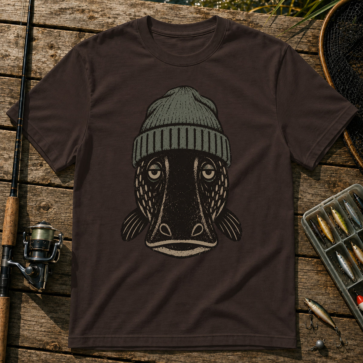 Straight Face Fish T-Shirt in Brown