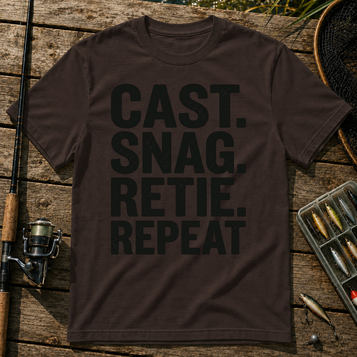 CAST. SNAG. RETIE. REPEAT Typography T-Shirt in Brown