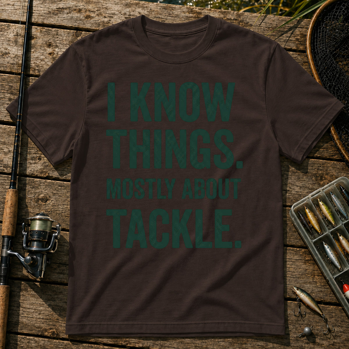 I KNOW THINGS. MOSTLY ABOUT TACKLE. Typography T-Shirt in Brown