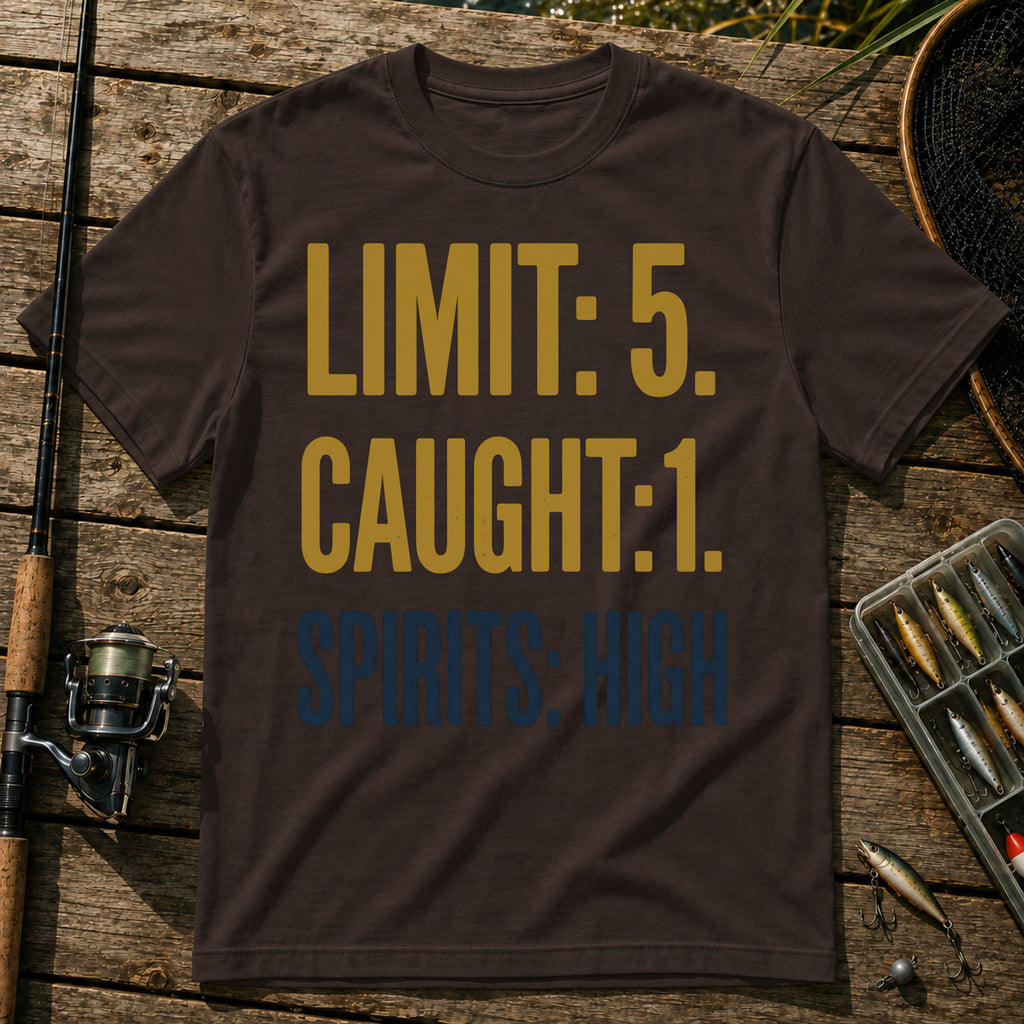 LIMIT: 5. CAUGHT: 1. SPIRITS: HIGH Typography T-Shirt in Brown