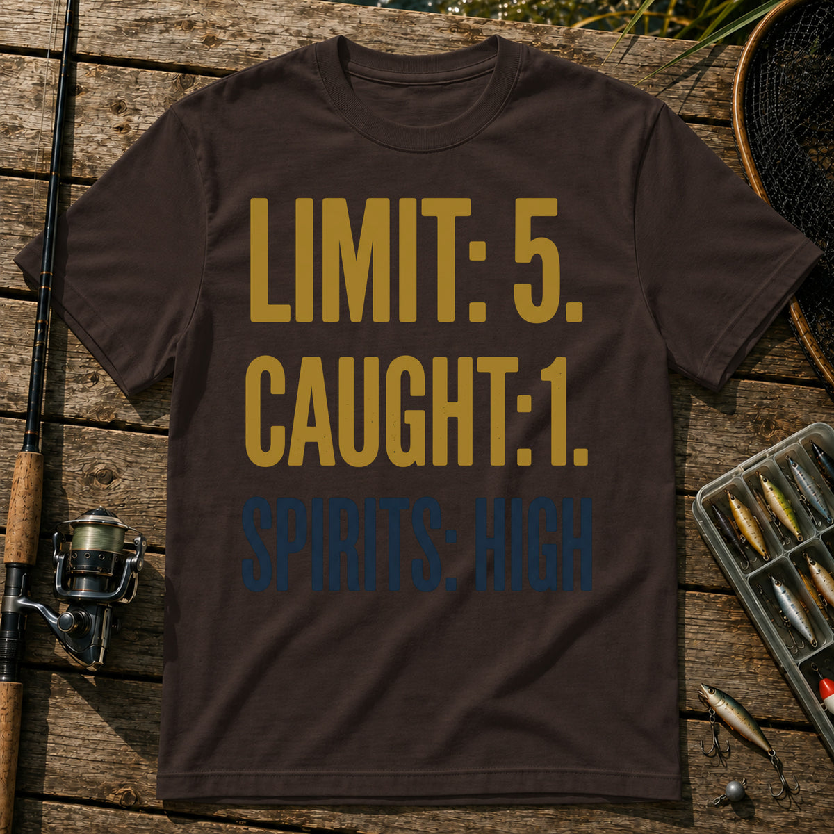 LIMIT: 5. CAUGHT: 1. SPIRITS: HIGH Typography T-Shirt in Brown
