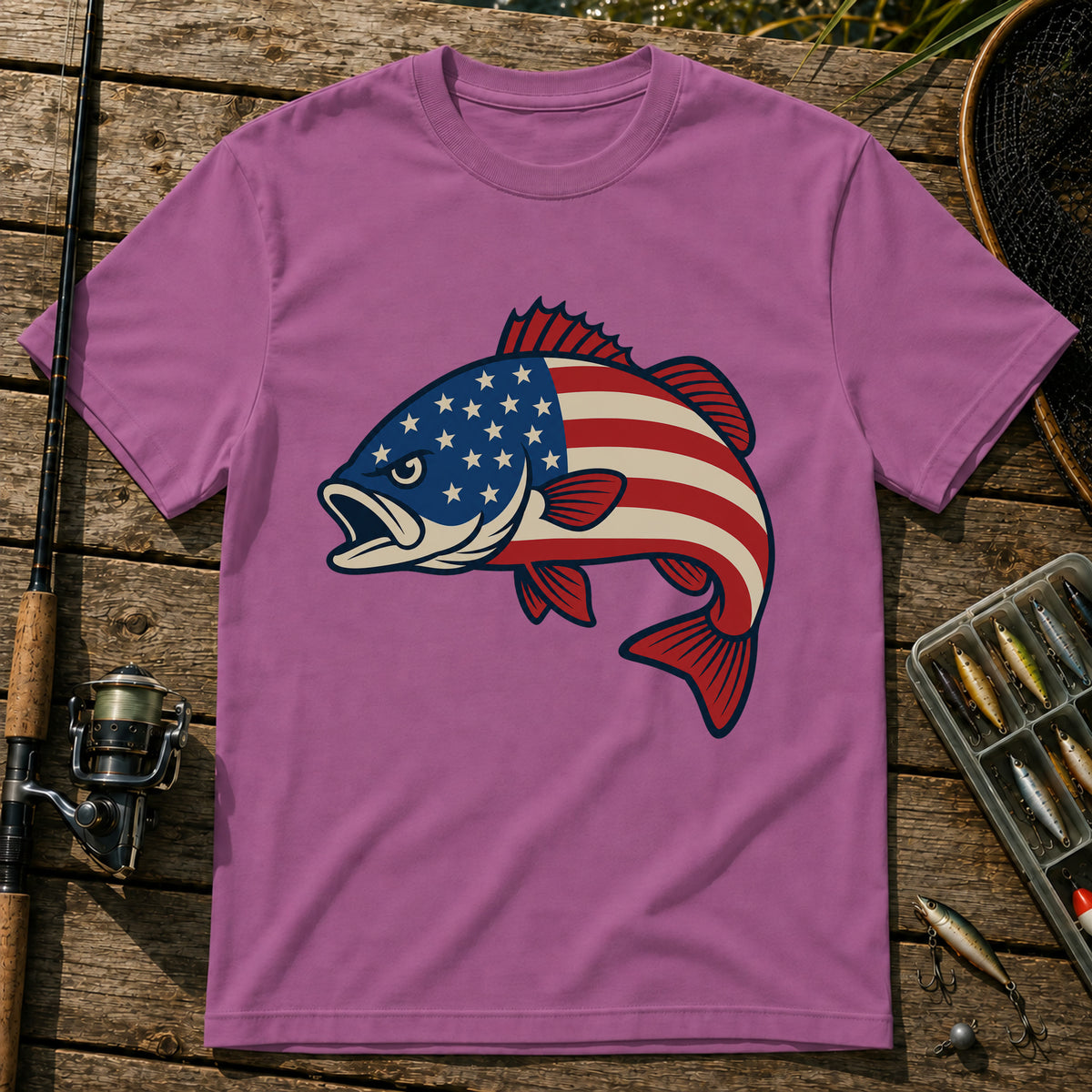 US Flag Fish T-Shirt in Berry