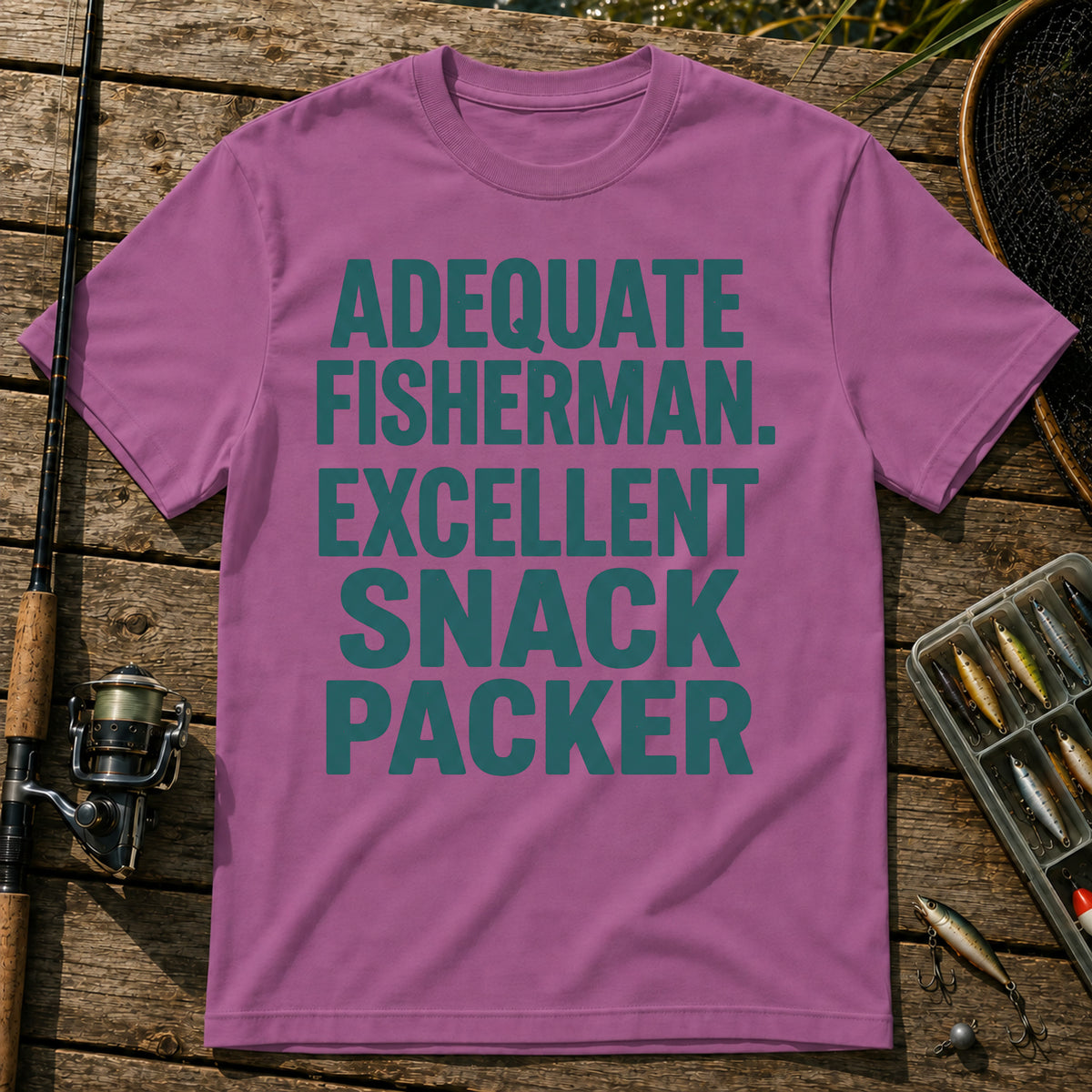 ADEQUATE FISHERMAN. EXCELLENT SNACK PACKER Typography T-Shirt in Berry