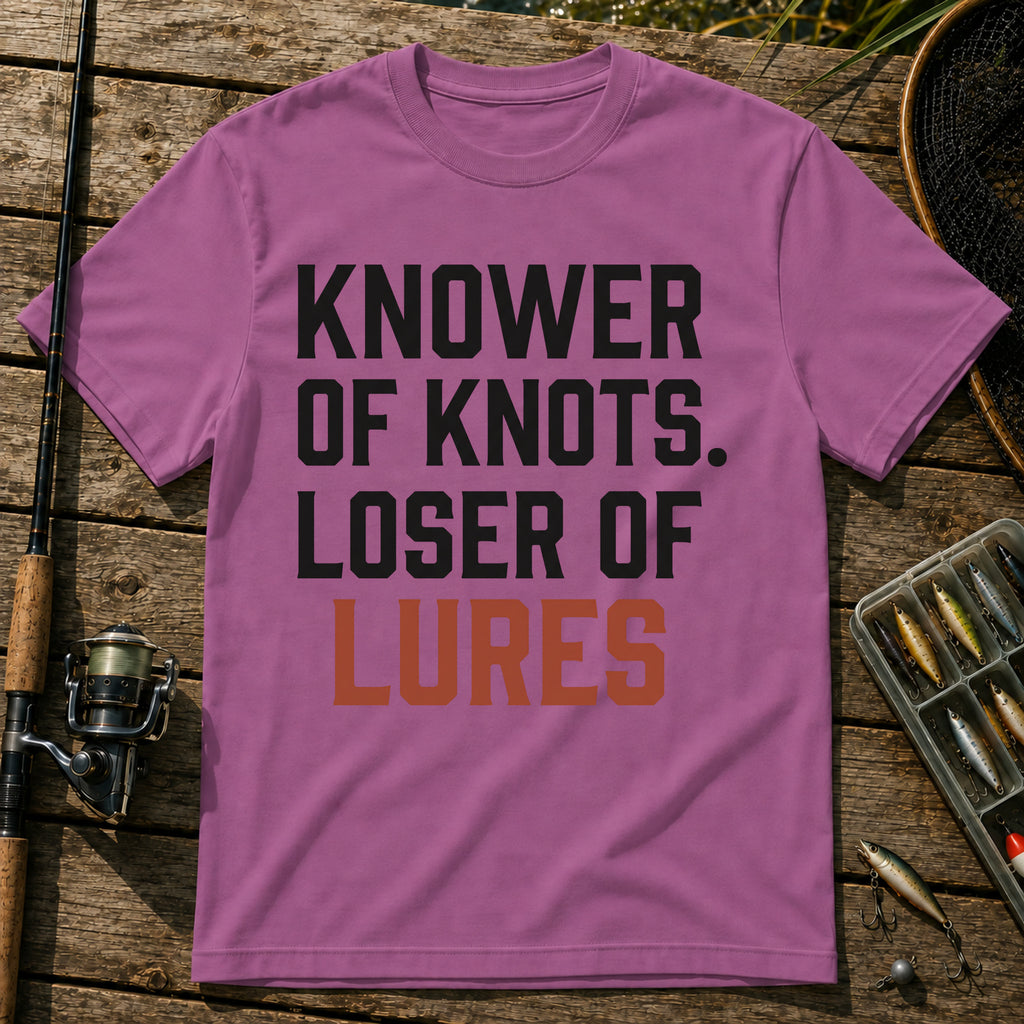 KNOWER OF KNOTS. LOSER OF LURES Typography T-Shirt in Berry