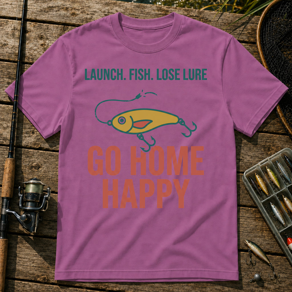LAUNCH. FISH. LOSE LURE. GO HOME HAPPY T-Shirt in Berry