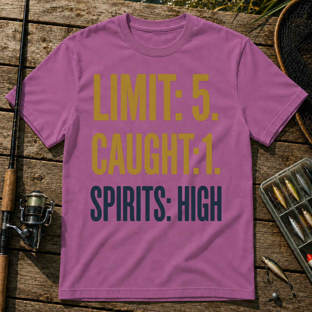 LIMIT: 5. CAUGHT: 1. SPIRITS: HIGH Typography T-Shirt in Berry