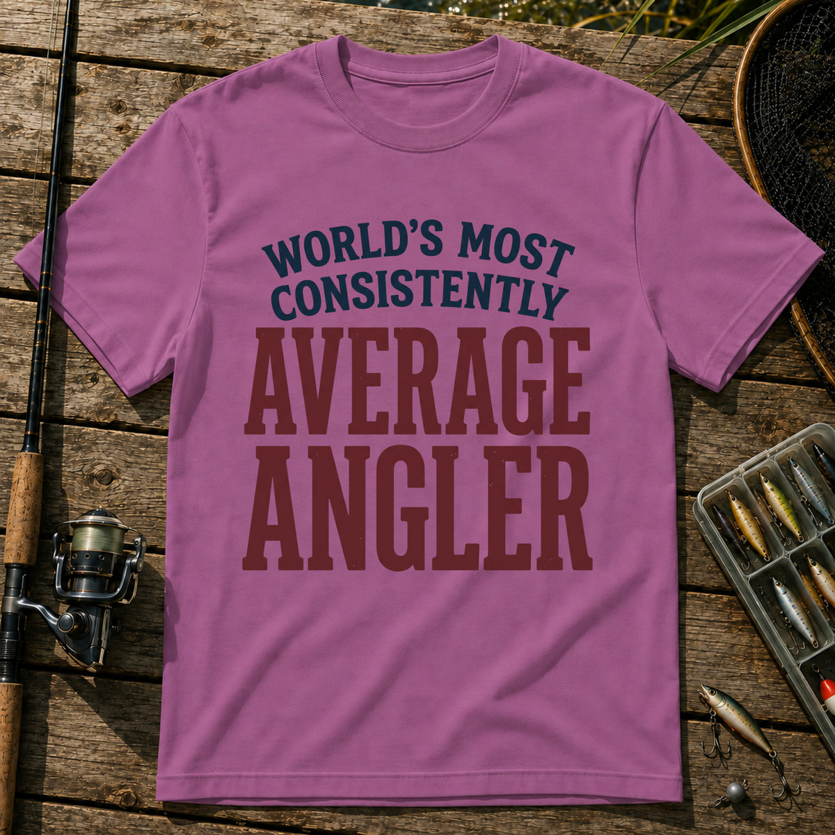 WORLD'S MOST CONSISTENTLY AVERAGE ANGLER Typography T-Shirt in Berry
