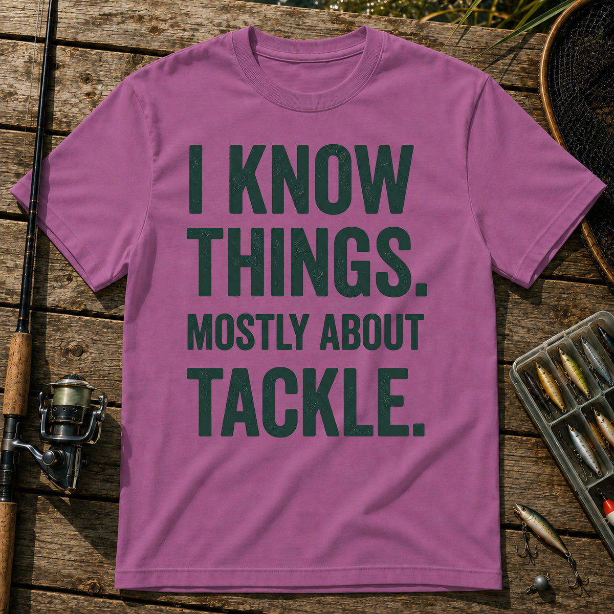 I KNOW THINGS. MOSTLY ABOUT TACKLE. Typography T-Shirt in Berry