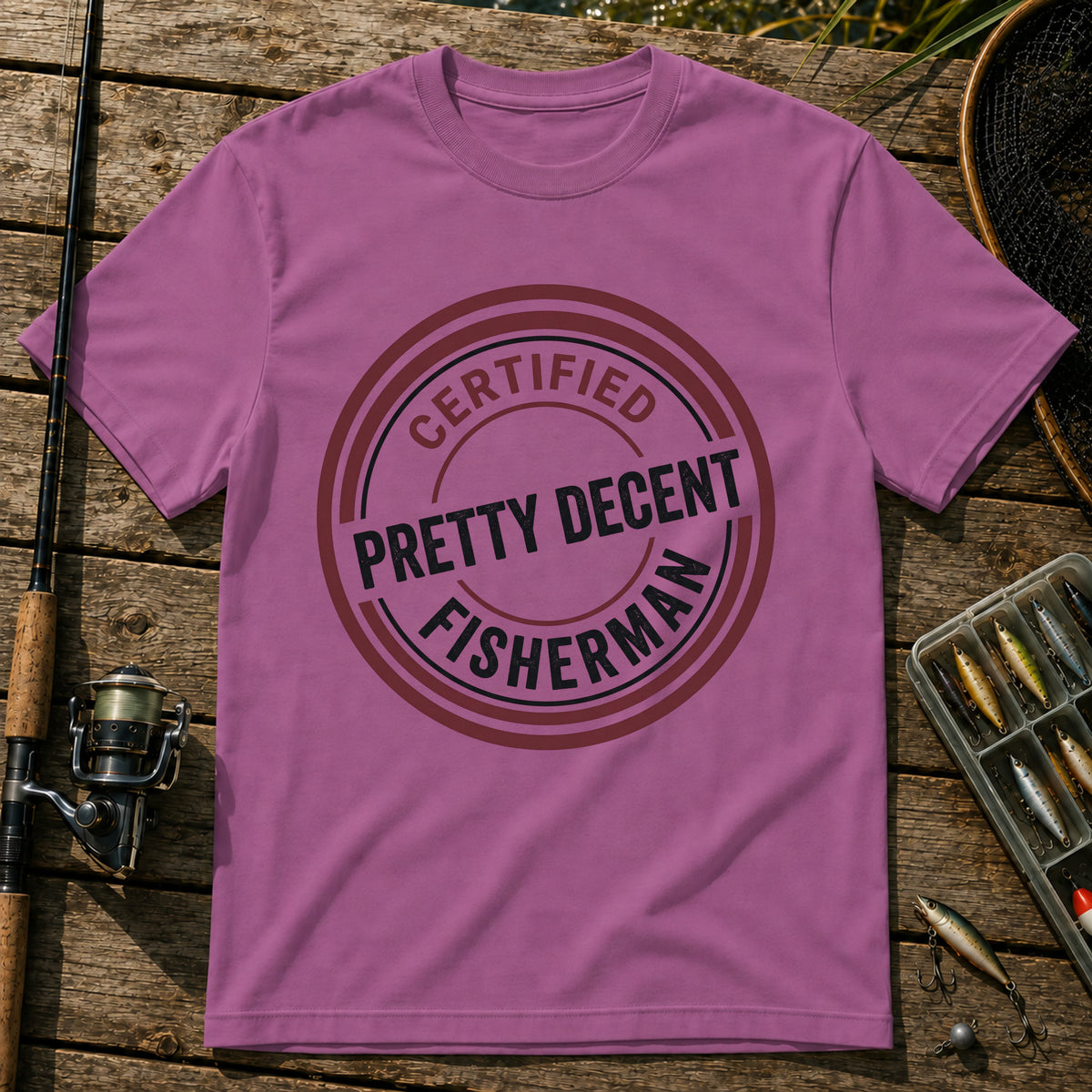 CERTIFIED PRETTY DECENT FISHERMAN T-Shirt in Berry