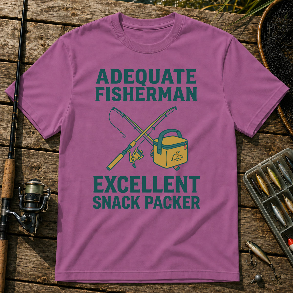 ADEQUATE FISHERMAN. EXCELLENT SNACK PACKER T-Shirt in Berry