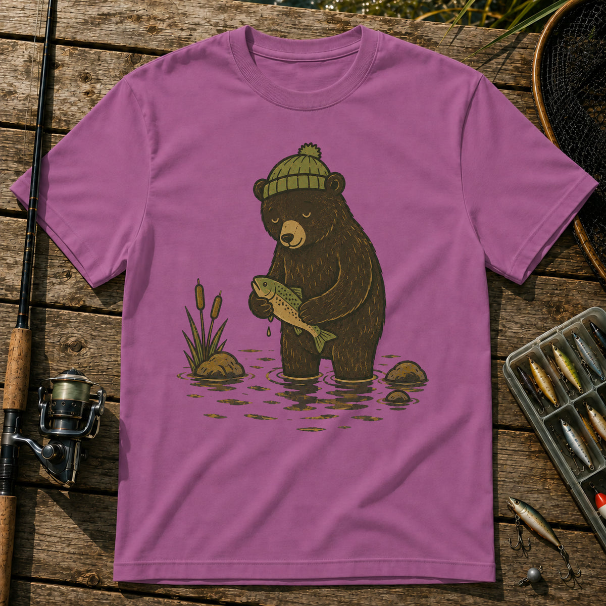 Bear Getting Fish T-Shirt in Berry