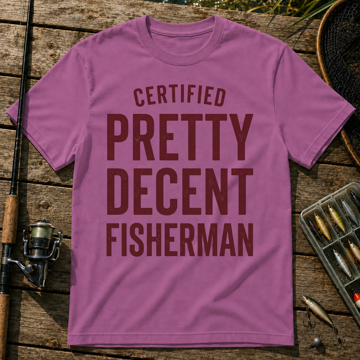 CERTIFIED PRETTY DECENT FISHERMAN Typography T-Shirt in Berry