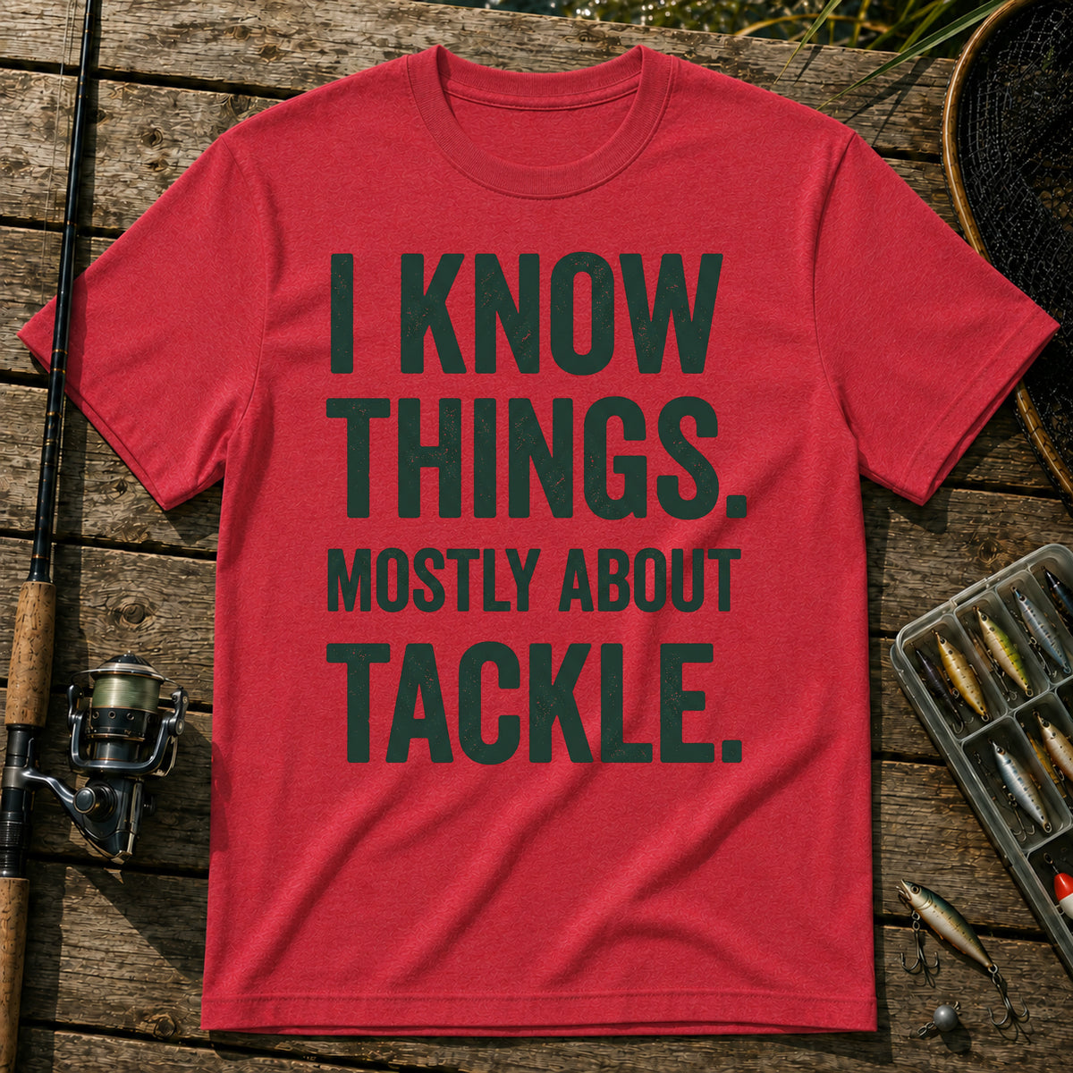I KNOW THINGS. MOSTLY ABOUT TACKLE. Typography T-Shirt in Red