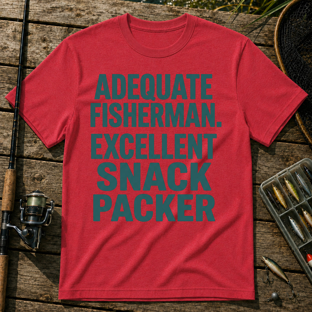 ADEQUATE FISHERMAN. EXCELLENT SNACK PACKER Typography T-Shirt in Red