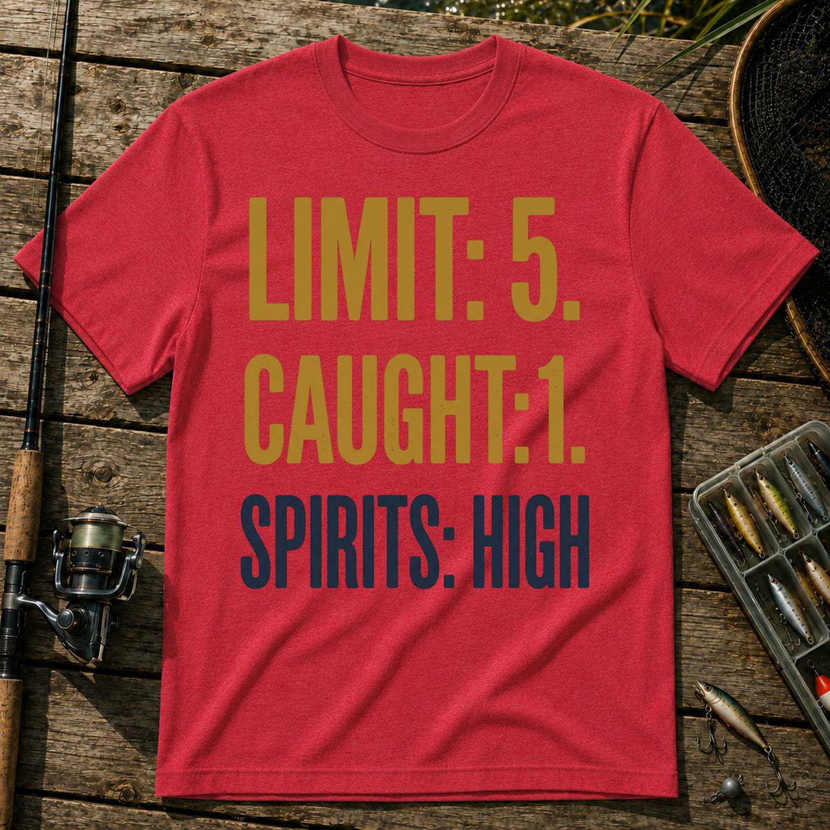 LIMIT: 5. CAUGHT: 1. SPIRITS: HIGH Typography T-Shirt in Red