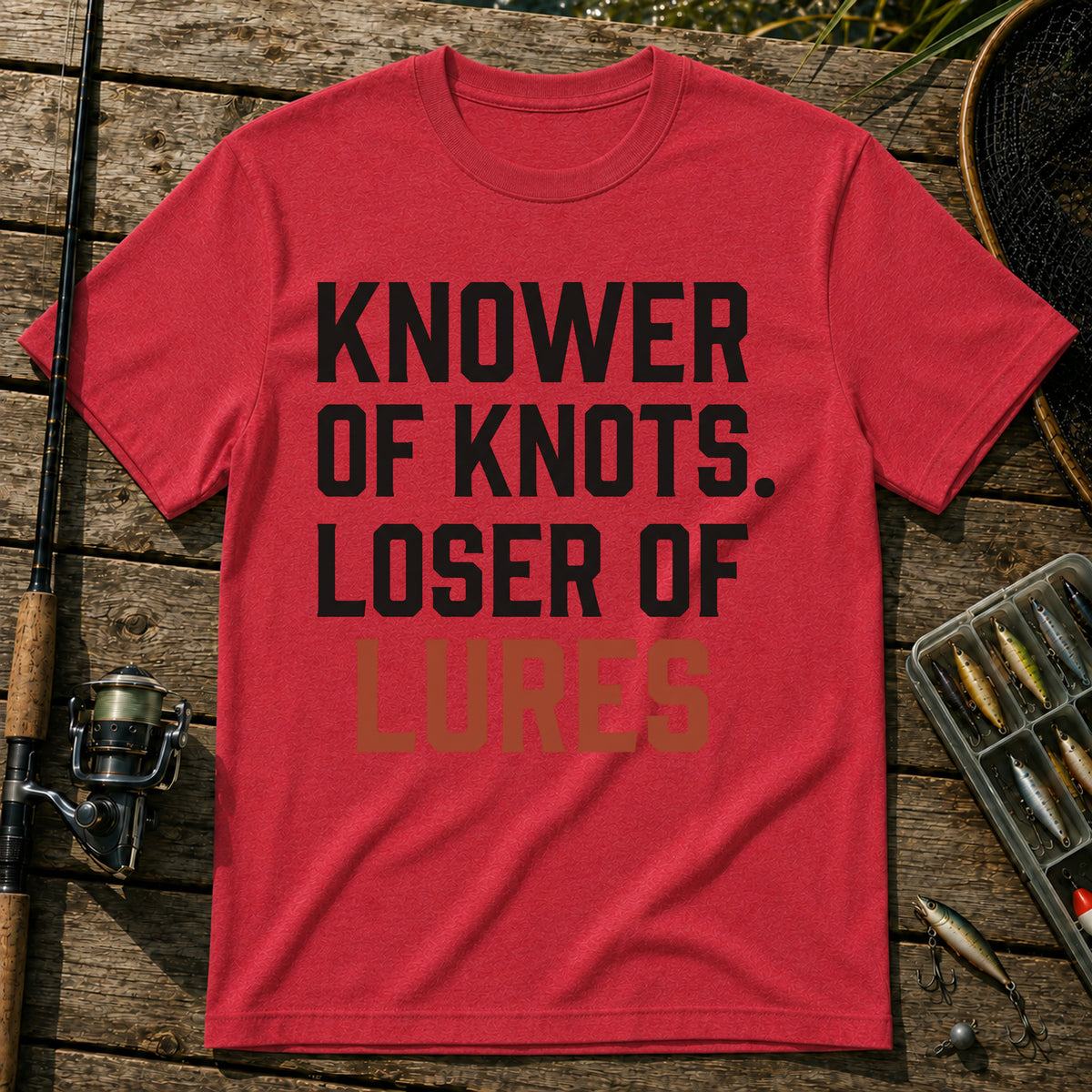KNOWER OF KNOTS. LOSER OF LURES Typography T-Shirt in Red
