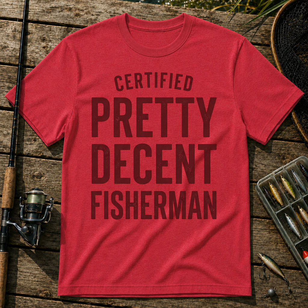 CERTIFIED PRETTY DECENT FISHERMAN Typography T-Shirt in Red