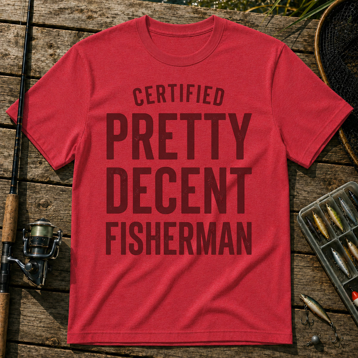 CERTIFIED PRETTY DECENT FISHERMAN Typography T-Shirt in Red
