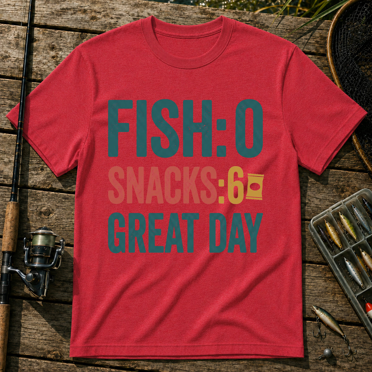 FISH: 0. SNACKS: 6. GREAT DAY T-Shirt in Red