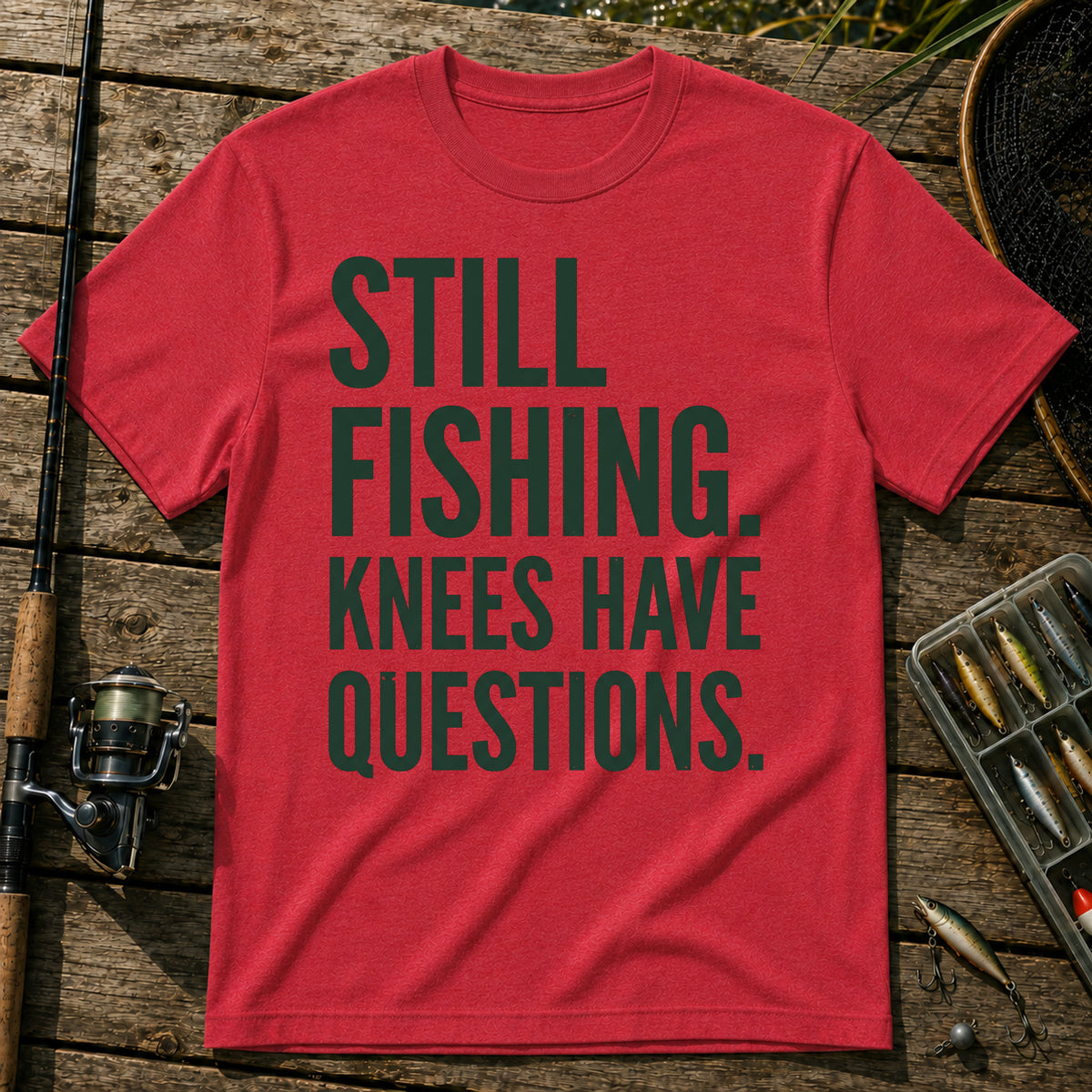 STILL FISHING. KNEES HAVE QUESTIONS. Typography T-Shirt in Red