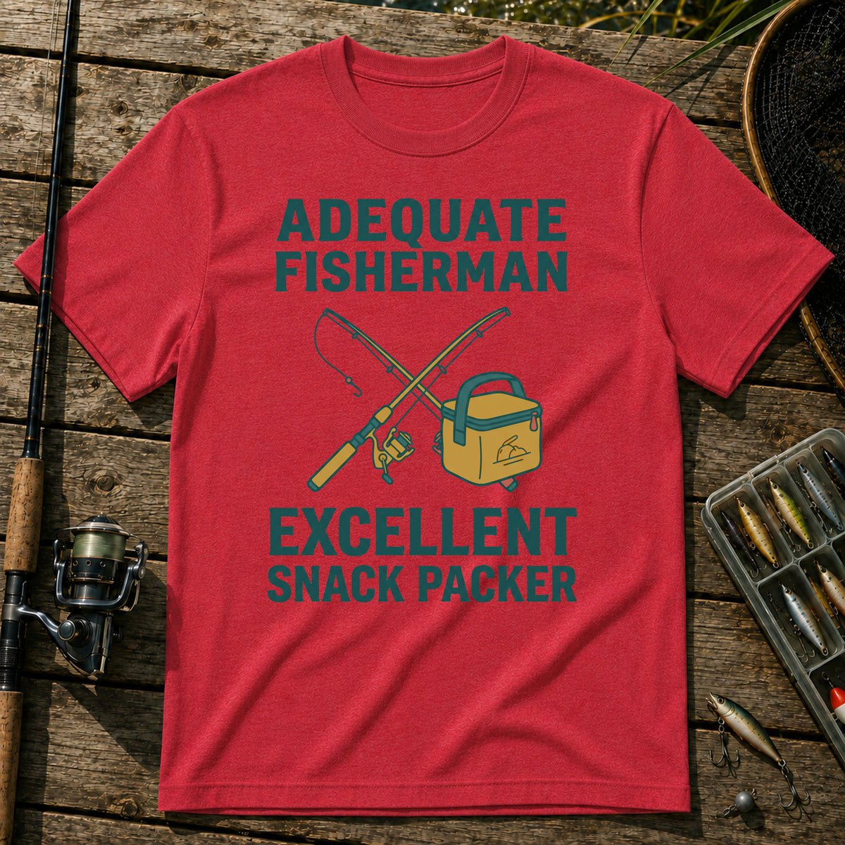 ADEQUATE FISHERMAN. EXCELLENT SNACK PACKER T-Shirt in Red