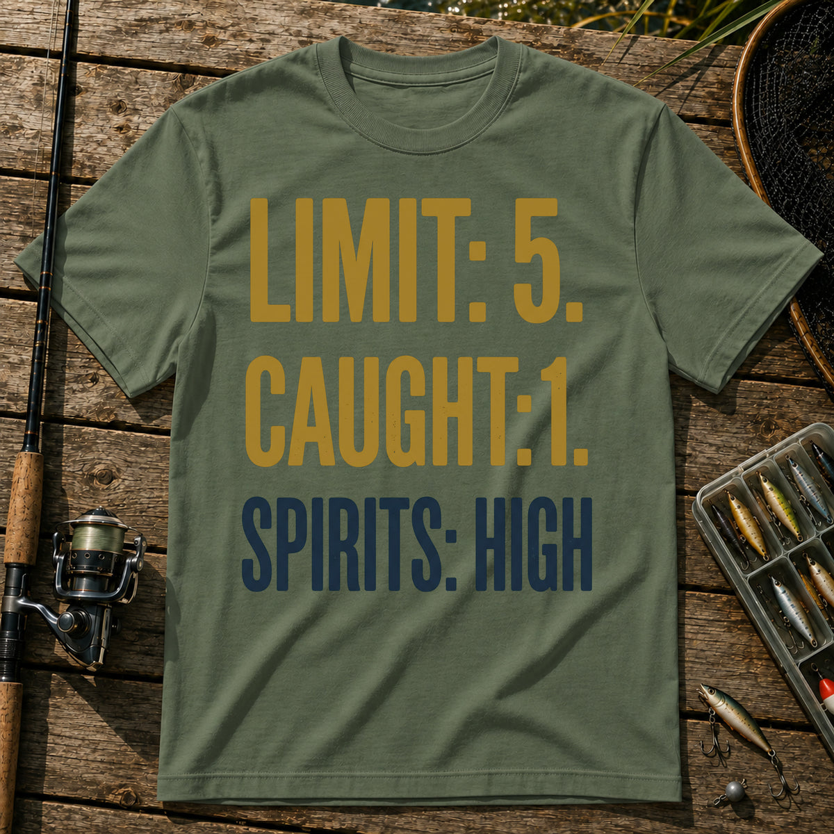 LIMIT: 5. CAUGHT: 1. SPIRITS: HIGH Typography T-Shirt in Military