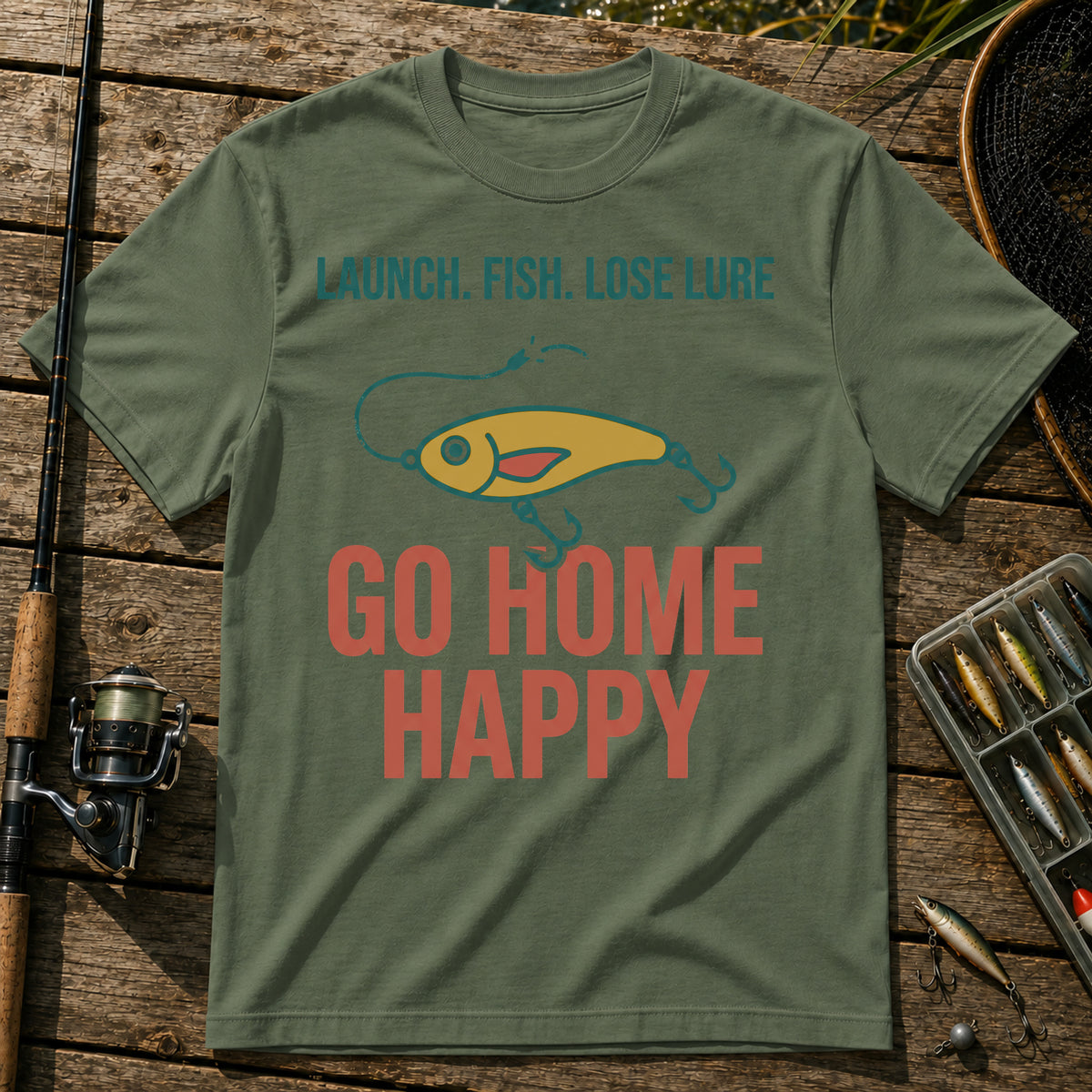 LAUNCH. FISH. LOSE LURE. GO HOME HAPPY T-Shirt in Military