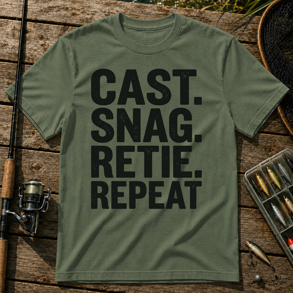CAST. SNAG. RETIE. REPEAT Typography T-Shirt in Military